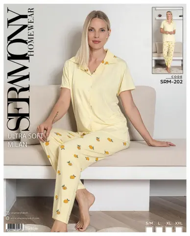 Seramony 202 (S-M-L-XL-XXL) Soft Milan Kısa Kollu Boydan Düğmeli Bayan Pijama Takım 4'lü