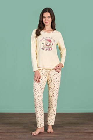 Pijadore 1926 (M-L-XL-XXL) Uzun Kollu Bayan Pijama Takım 4'lü SARI - M-L-XL-XXL