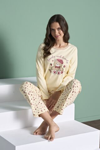 Pijadore 1926 (M-L-XL-XXL) Uzun Kollu Bayan Pijama Takım 4'lü SARI - M-L-XL-XXL