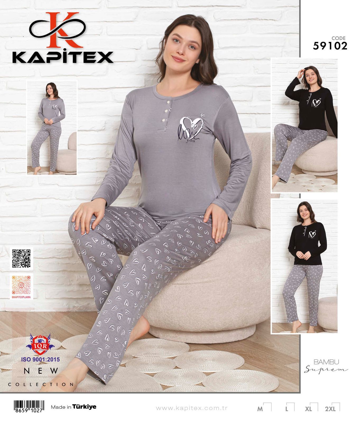 Kapitex 59102 Bambu Ring Viskon Bayan Uzun Kol Pijama Takım 4'lü