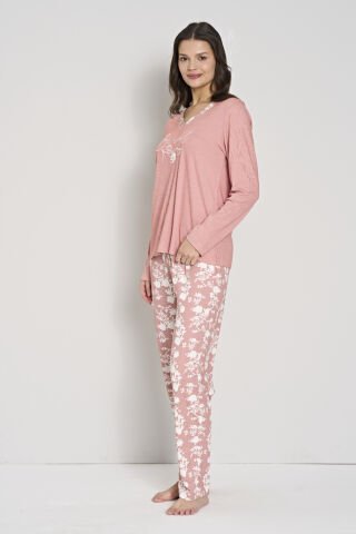 Pijadore 1915 (M-L-XL-XXL) Uzun Kollu Bayan Pijama Takım 4'lü GÜL KURUSU - M-L-XL-XXL