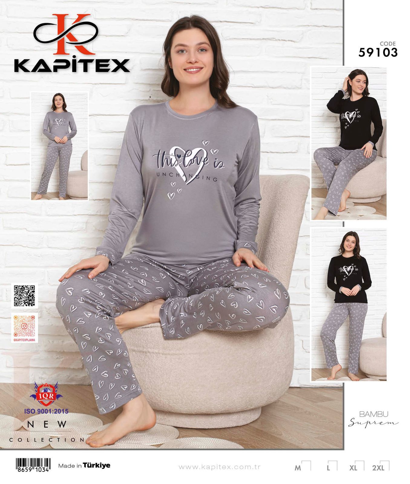 Kapitex 59103 Bambu Ring Viskon Bayan Uzun Kol Pijama Takım 4'lü