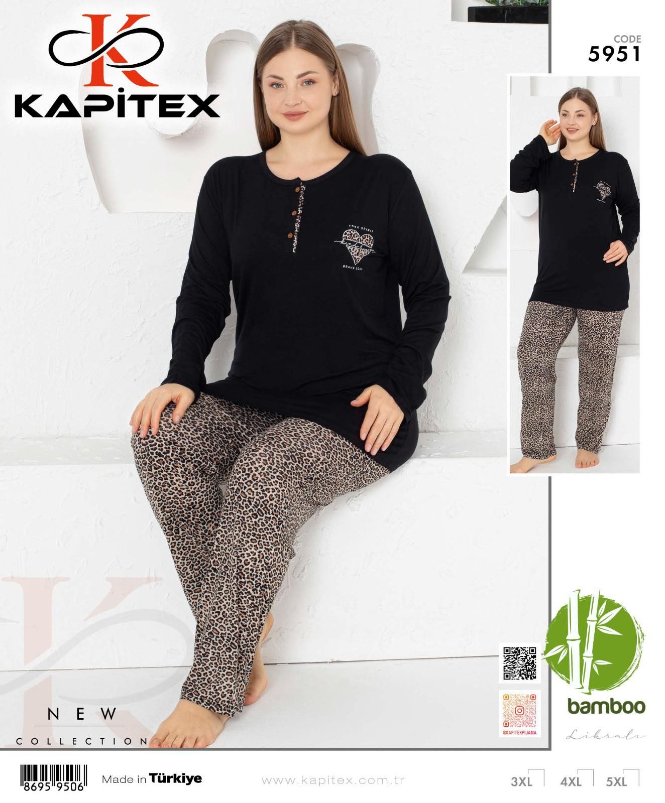 Kapitex 5951 Bambu Ring Viskon Battal Beden Bayan Uzun Kol Pijama Takım 3'lü