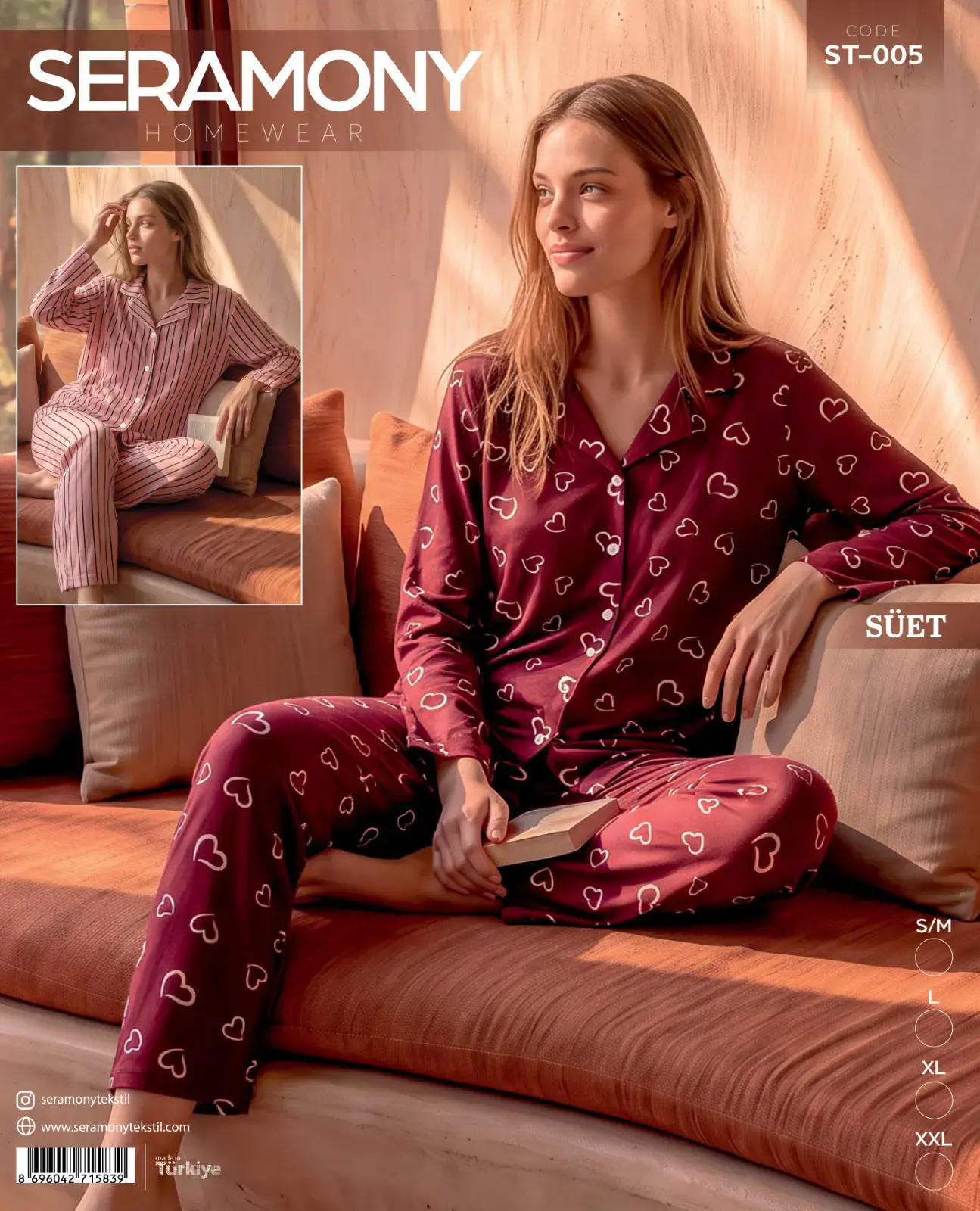 Seramony 005 (S-M-L-XL-XXL) Süet Uzun Kollu Bayan Pijama Takım 4'lü