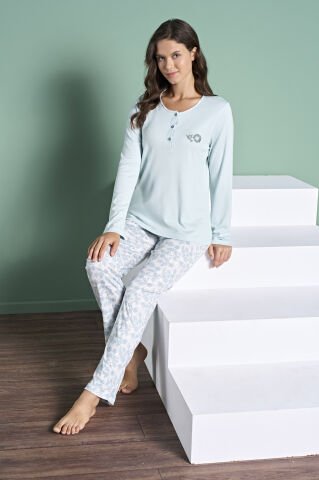 Pijadore 1987 (M-L-XL-XXL) Uzun Kollu Bayan Pijama Takım 4'lü YEŞİL - M-L-XL-XXL