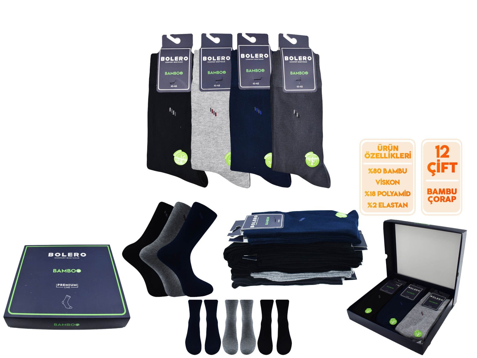 Bolero E-70 (41-45 NO) Premium Erkek Bambu Çorap 12'li