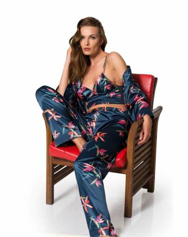 Moongirl 007 Bayan Saten Üçlü Pijama Takımı