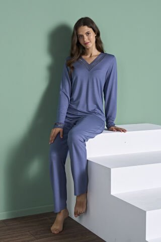 Pijadore 1960 (M-L-XL-XXL) Uzun Kollu Bayan Pijama Takım 4'lü MAVİ - M-L-XL-XXL