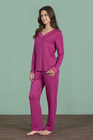 Pijadore 1960 (M-L-XL-XXL) Uzun Kollu Bayan Pijama Takım 4'lü MÜRDÜM - M-L-XL-XXL