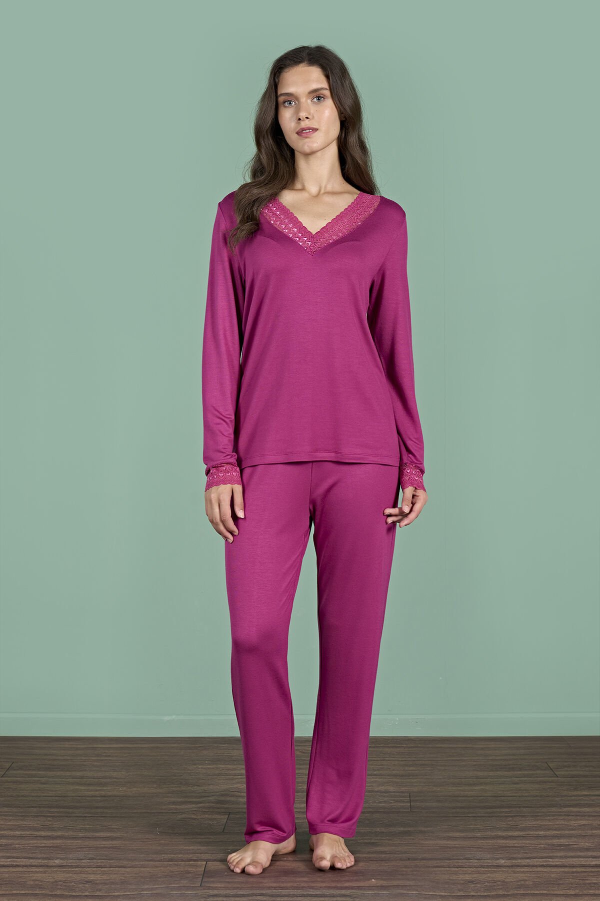 Pijadore 1960 (M-L-XL-XXL) Uzun Kollu Bayan Pijama Takım 4'lü MÜRDÜM - M-L-XL-XXL