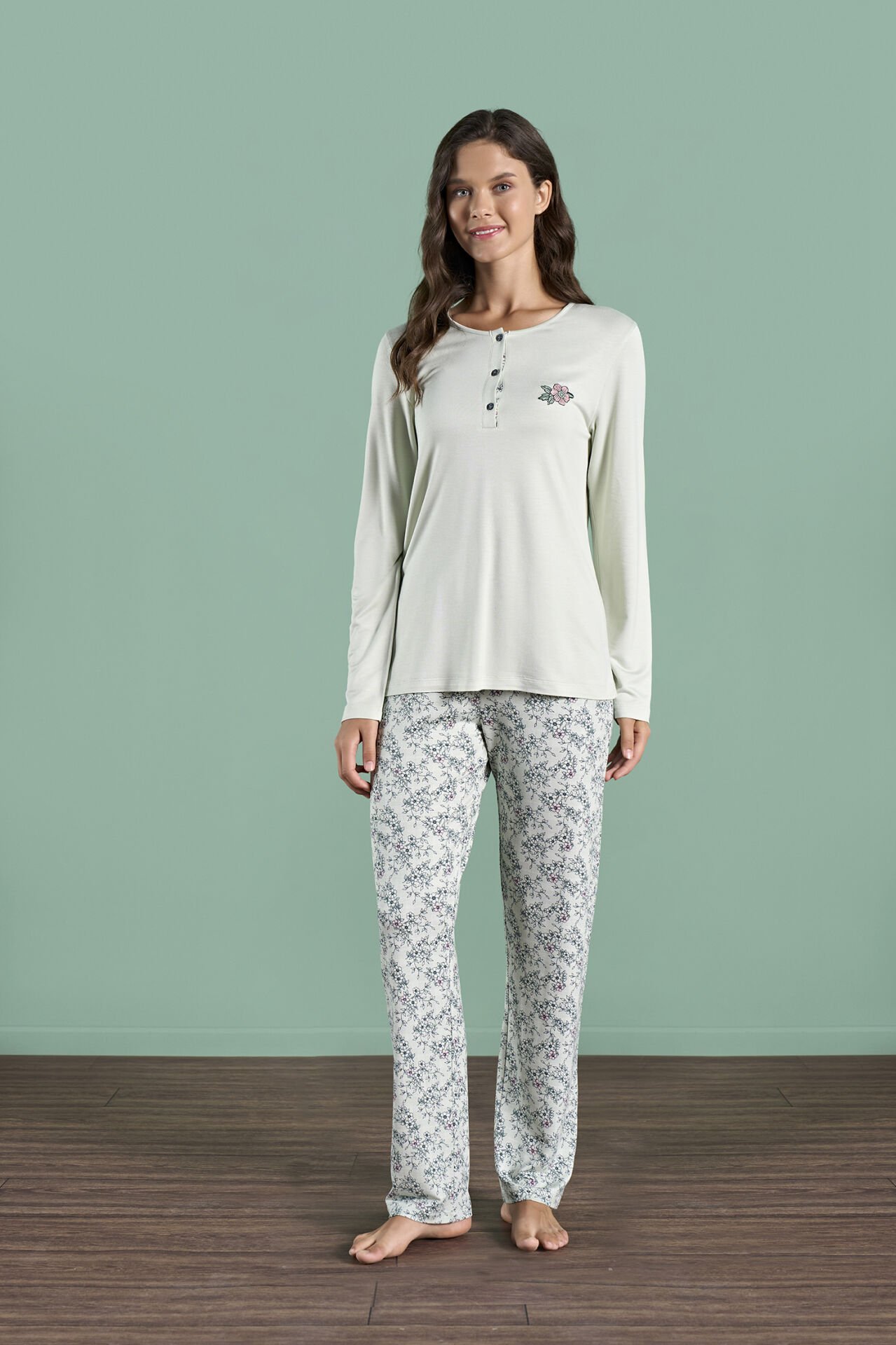 Pijadore 1978 (M-L-XL-XXL) Uzun Kollu Bayan Pijama Takım 4'lü YEŞİL - M-L-XL-XXL