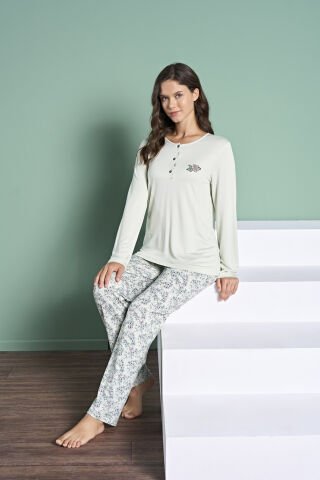 Pijadore 1978 (M-L-XL-XXL) Uzun Kollu Bayan Pijama Takım 4'lü YEŞİL - M-L-XL-XXL