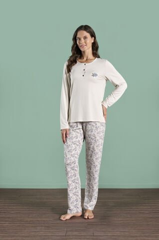 Pijadore 1978 (M-L-XL-XXL) Uzun Kollu Bayan Pijama Takım 4'lü BEJ - M-L-XL-XXL