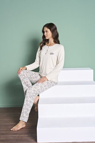 Pijadore 1978 (M-L-XL-XXL) Uzun Kollu Bayan Pijama Takım 4'lü BEJ - M-L-XL-XXL