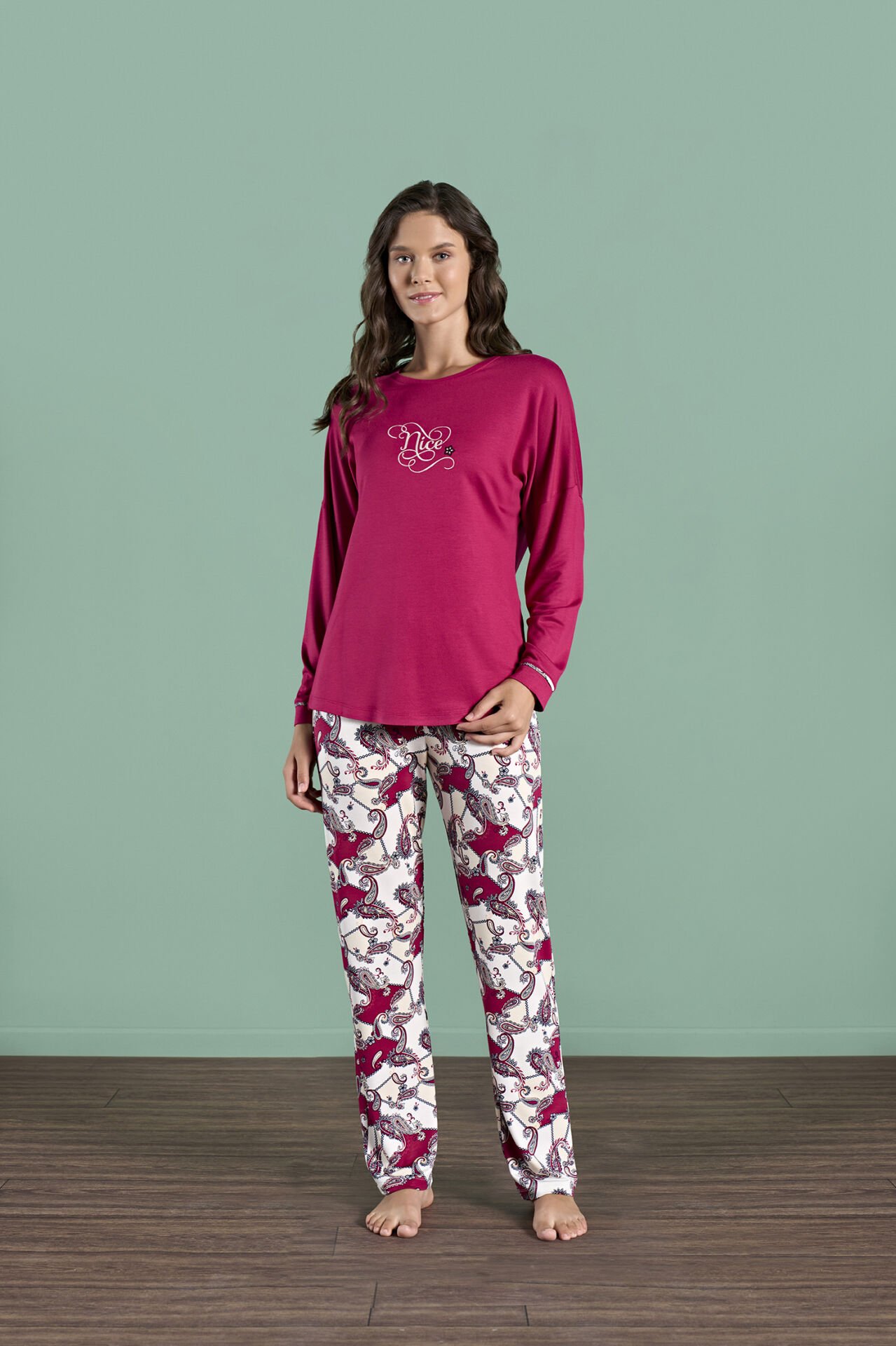 Pijadore 1990 (M-L-XL-XXL) Uzun Kollu Bayan Pijama Takım 4'lü BORDO - M-L-XL-XXL