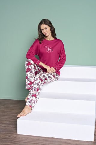 Pijadore 1990 (M-L-XL-XXL) Uzun Kollu Bayan Pijama Takım 4'lü BORDO - M-L-XL-XXL