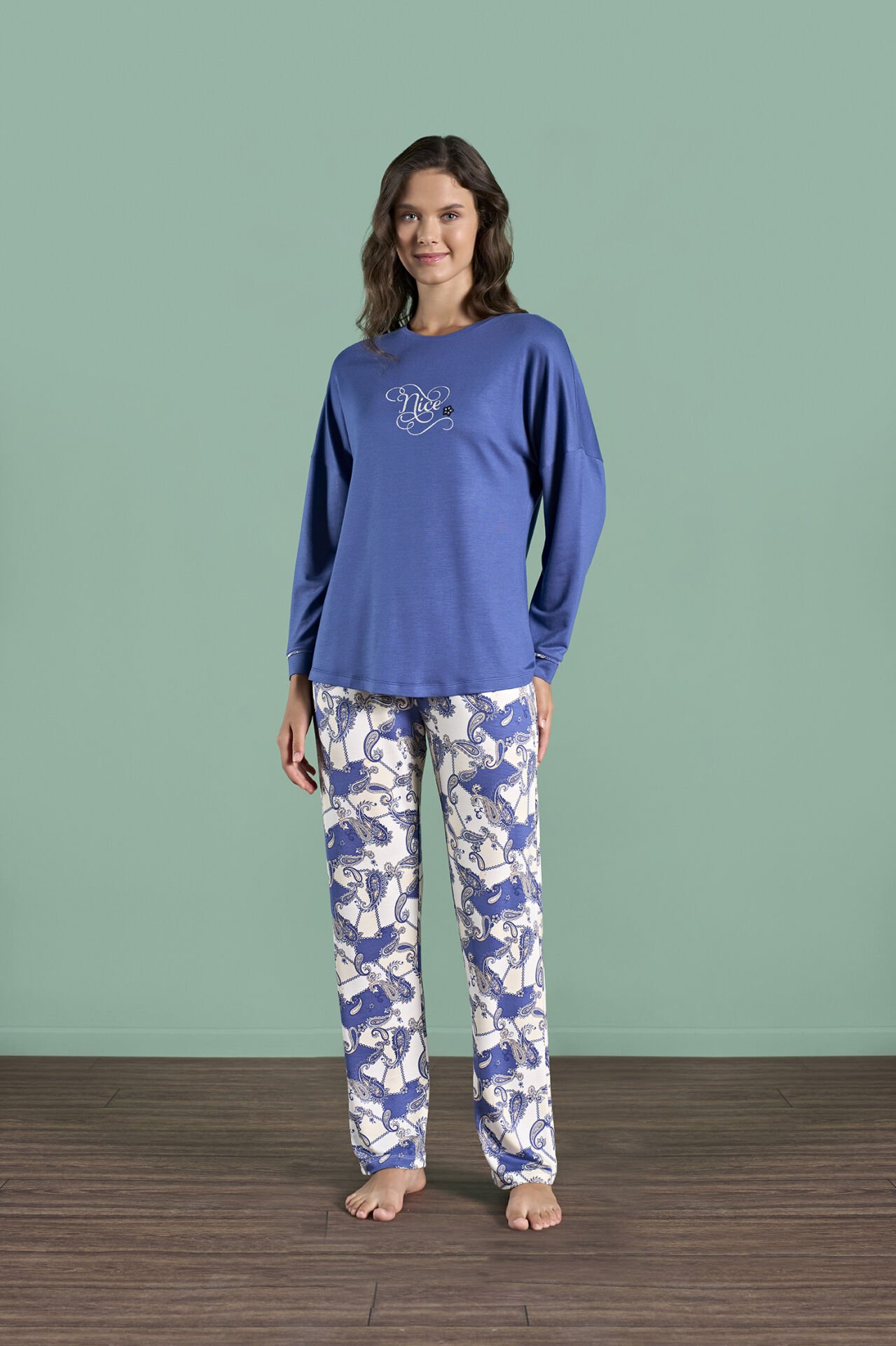 Pijadore 1990 (M-L-XL-XXL) Uzun Kollu Bayan Pijama Takım 4'lü MAVİ - M-L-XL-XXL