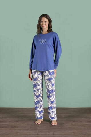 Pijadore 1990 (M-L-XL-XXL) Uzun Kollu Bayan Pijama Takım 4'lü MAVİ - M-L-XL-XXL