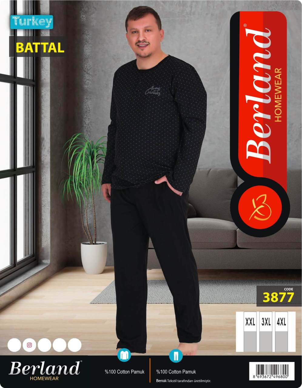 Berland 3877 Jakarlı Uzun Kol Battal Erkek Pijama Takımı
