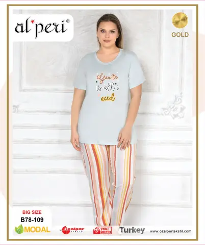 Alperi B78-109 (3XL-4XL-5XL-6XL) Bayan Modal Kısa Kollu Pijama Takım 4'lü