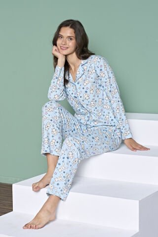 Pijadore 1939 (M-L-XL-XXL) Uzun Kollu Bayan Pijama Takım 4'lü MAVİ - M-L-XL-XXL