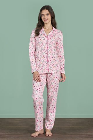 Pijadore 1939 (M-L-XL-XXL) Uzun Kollu Bayan Pijama Takım 4'lü PEMBE - M-L-XL-XXL