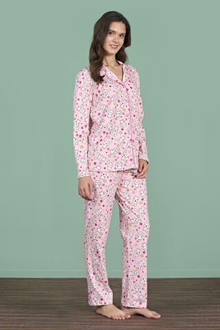 Pijadore 1939 (M-L-XL-XXL) Uzun Kollu Bayan Pijama Takım 4'lü PEMBE - M-L-XL-XXL