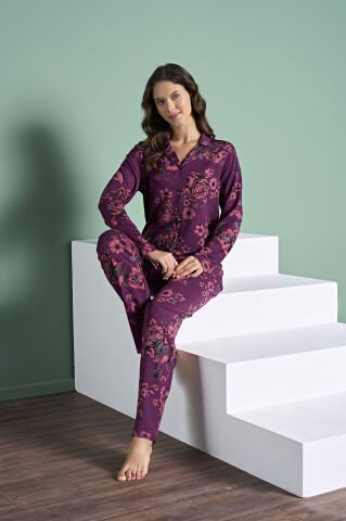 Pijadore 1999 (M-L-XL-XXL) Uzun Kollu Bayan Pijama Takım 4'lü BORDO - M-L-XL-XXL