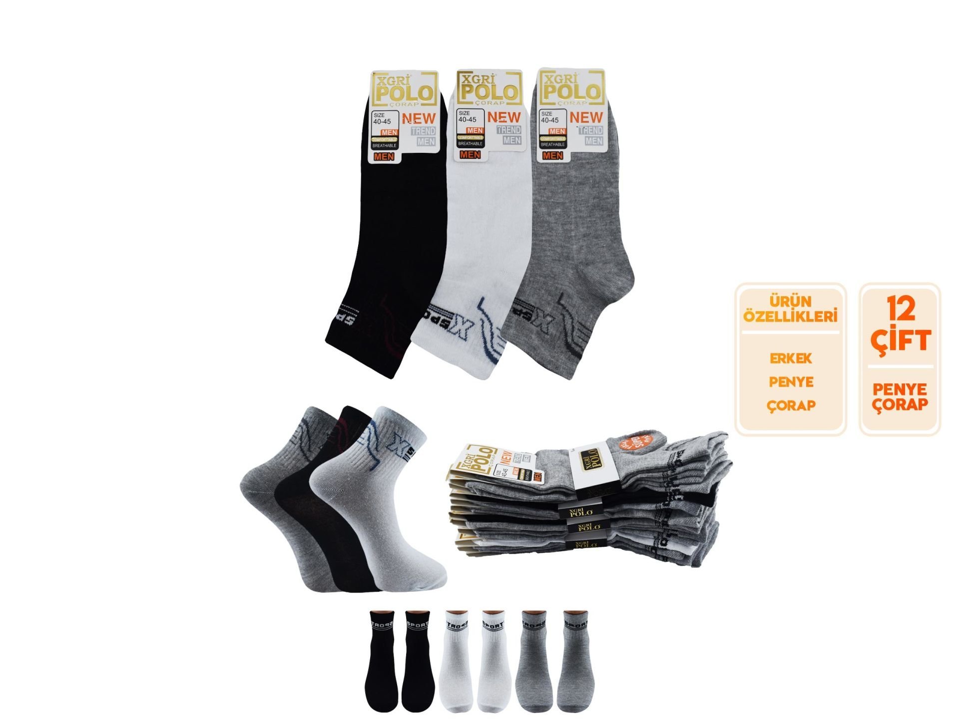 XGRİ POLO (E-E-7-8) Erkek Uzun Konç Patik 12'li