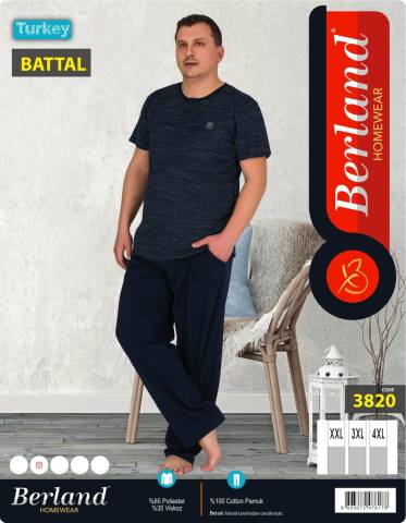 Berland 3820 Jakarlı Kısa Kol Battal Erkek  Pijama Takımı