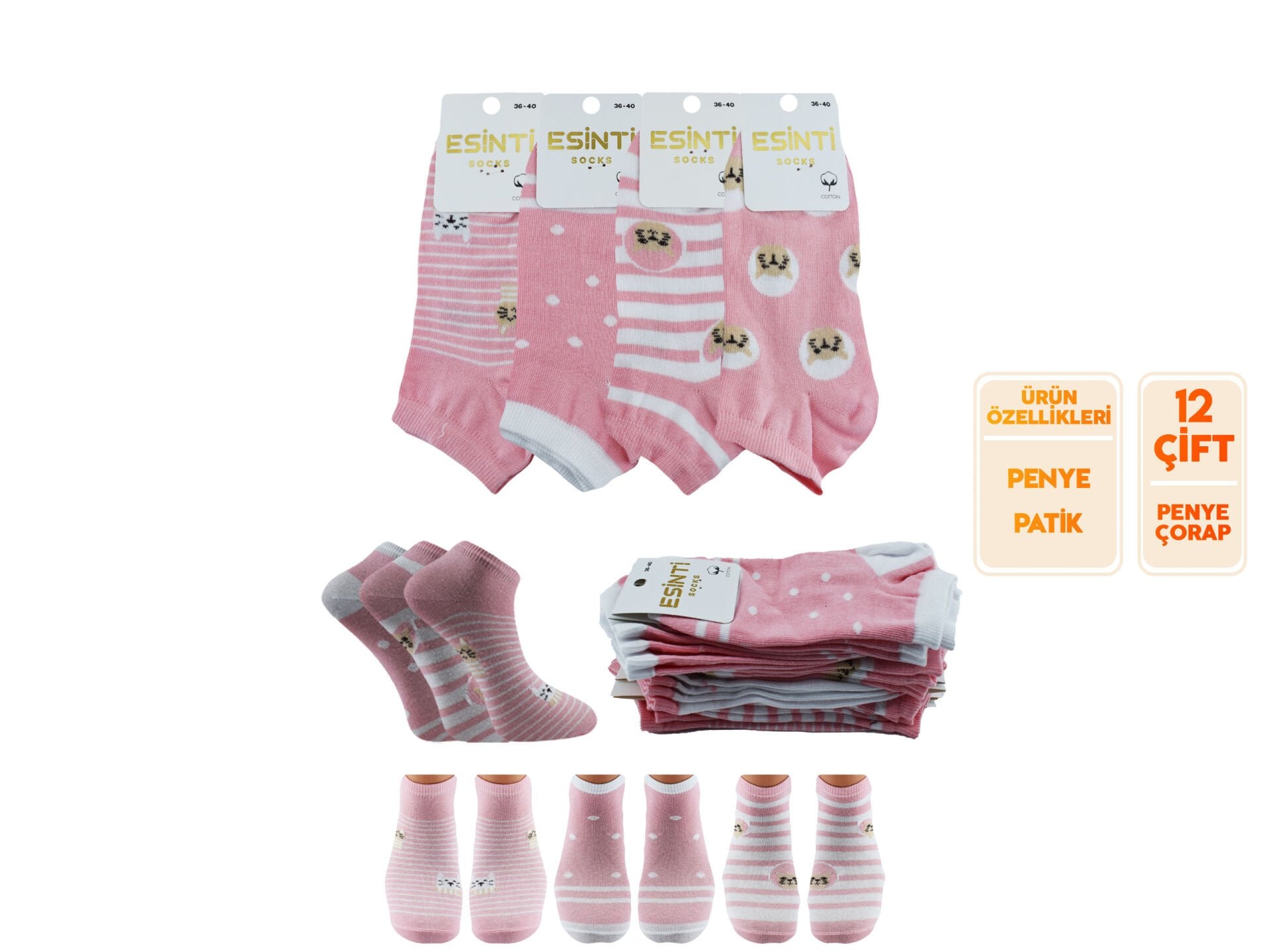 Esinti 33-1 (36-40) Naturel Pamuk Bayan Patik Çorap 12'li