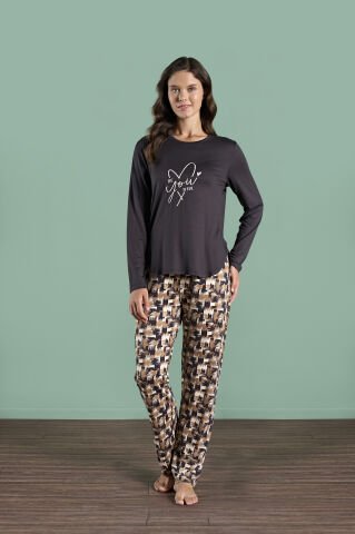 Pijadore 1981 (M-L-XL-XXL) Uzun Kollu Bayan Pijama Takım 4'lü SİYAH - M-L-XL-XXL