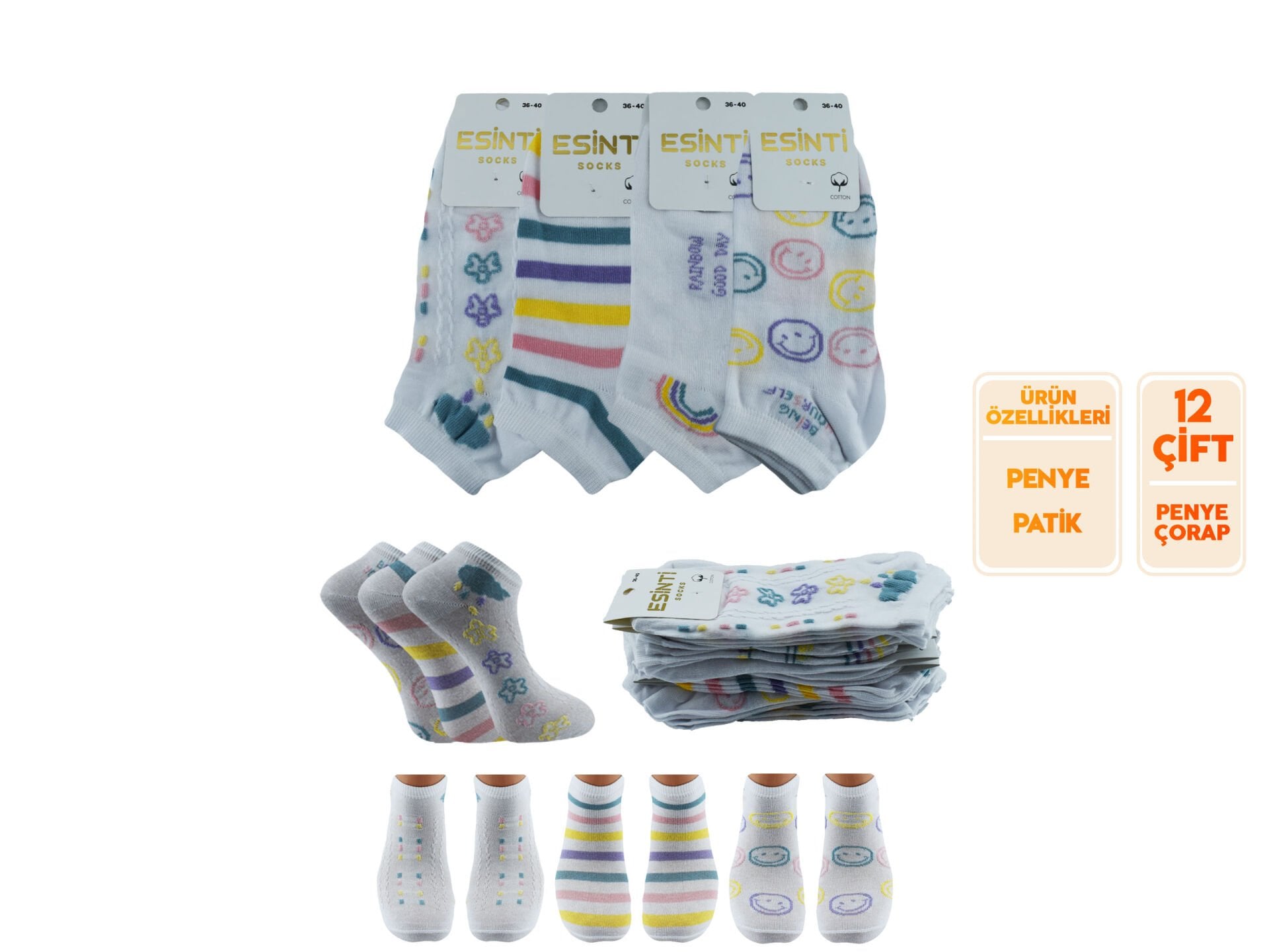 Esinti 33-9 (36-40) Naturel Pamuk Bayan Patik Çorap 12'li