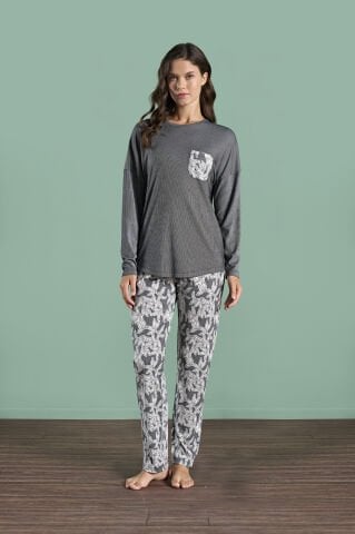 Pijadore 1974 (M-L-XL-XXL) Uzun Kollu Bayan Pijama Takım 4'lü SİYAH - M-L-XL-XXL