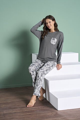 Pijadore 1974 (M-L-XL-XXL) Uzun Kollu Bayan Pijama Takım 4'lü SİYAH - M-L-XL-XXL