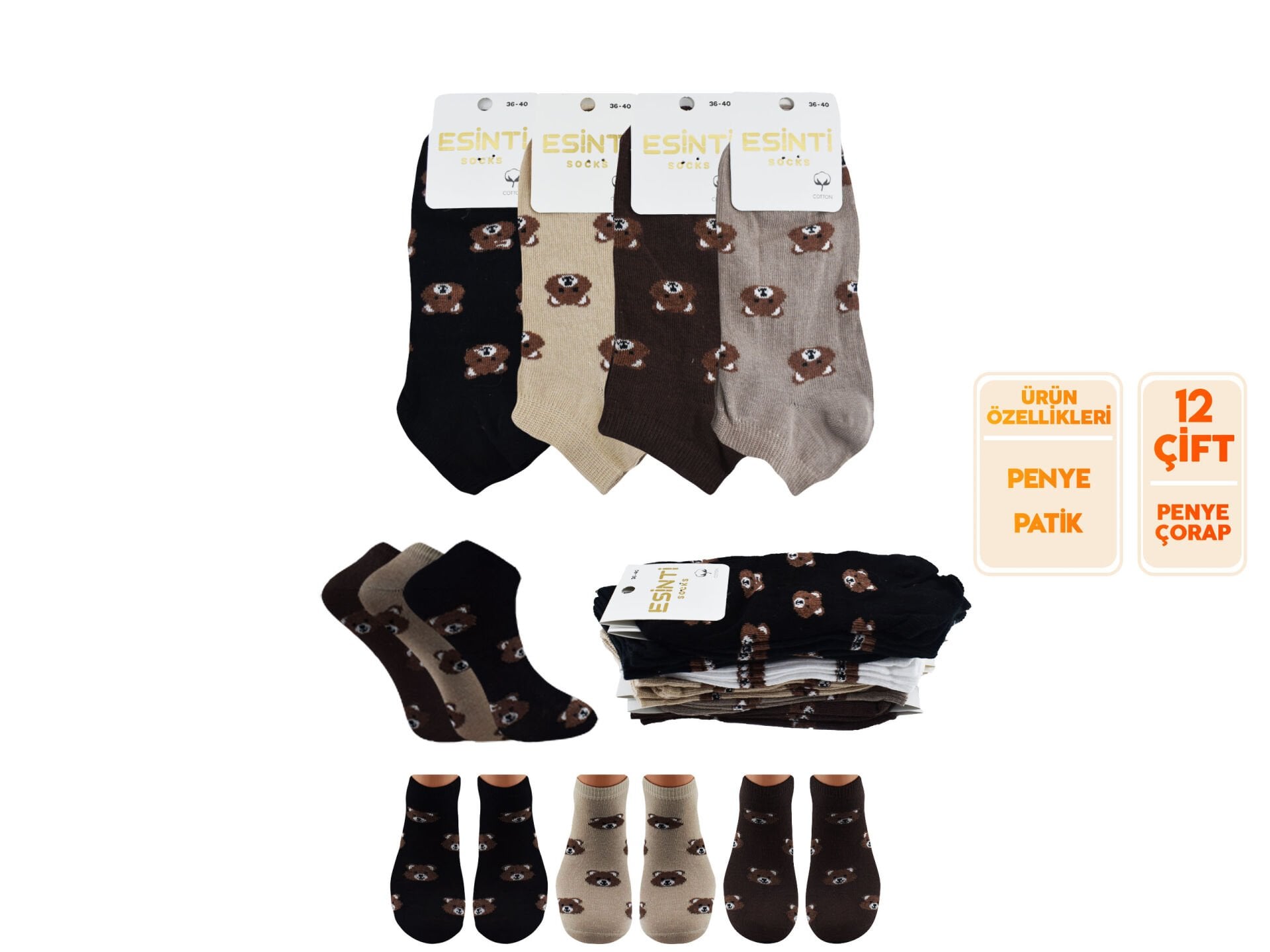 Esinti 33-3 (36-40) Naturel Pamuk Bayan Patik Çorap 12'li