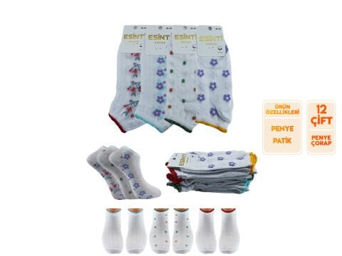 Esinti 33-8 (36-40) Naturel Pamuk Bayan Patik Çorap 12'li