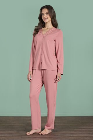 Pijadore 1965 (M-L-XL-XXL) Uzun Kollu Bayan Pijama Takım 4'lü PEMBE - M-L-XL-XXL