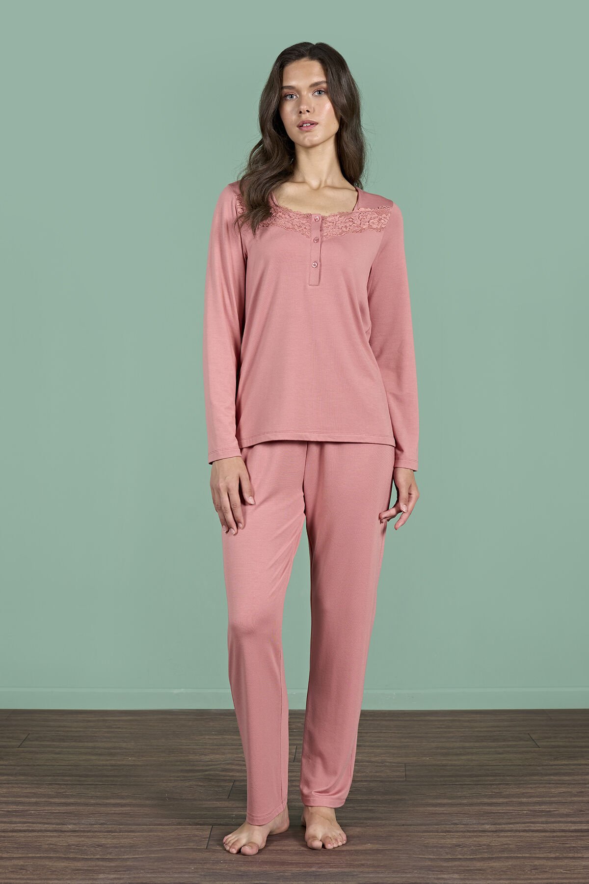 Pijadore 1966 (M-L-XL-XXL) Uzun Kollu Bayan Pijama Takım 4'lü PEMBE - M-L-XL-XXL