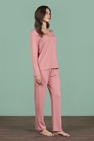 Pijadore 1966 (M-L-XL-XXL) Uzun Kollu Bayan Pijama Takım 4'lü PEMBE - M-L-XL-XXL