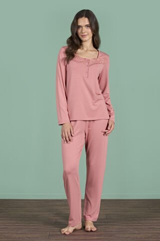 Pijadore 1966 (M-L-XL-XXL) Uzun Kollu Bayan Pijama Takım 4'lü PEMBE - M-L-XL-XXL