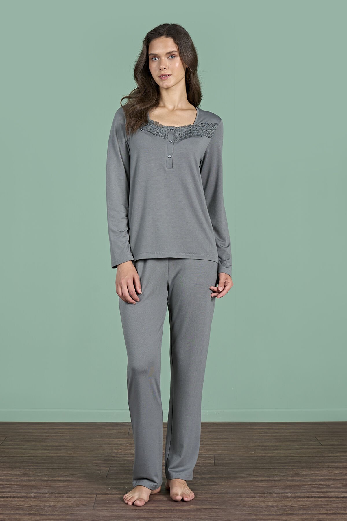 Pijadore 1966 (M-L-XL-XXL) Uzun Kollu Bayan Pijama Takım 4'lü YEŞİL - M-L-XL-XXL