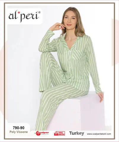 Alperi 790-90 (M-L-XL-XXL) Bayan Viskon Uzun Kollu Pijama Takım 4'lü