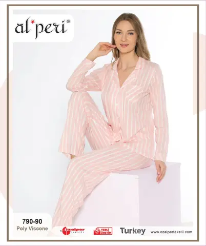 Alperi 790-90 (M-L-XL-XXL) Bayan Viskon Uzun Kollu Pijama Takım 4'lü