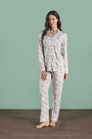 Pijadore 1973 (M-L-XL-XXL) Uzun Kollu Bayan Pijama Takım 4'lü GRİ - M-L-XL-XXL