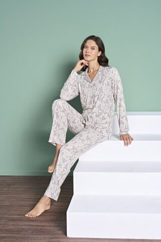 Pijadore 1973 (M-L-XL-XXL) Uzun Kollu Bayan Pijama Takım 4'lü GRİ - M-L-XL-XXL