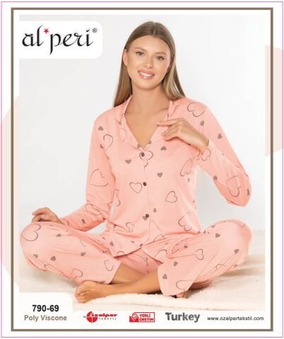 Alperi 790-69 (M-L-XL-XXL) Bayan Uzun Kollu Pijama Takım 4'lü