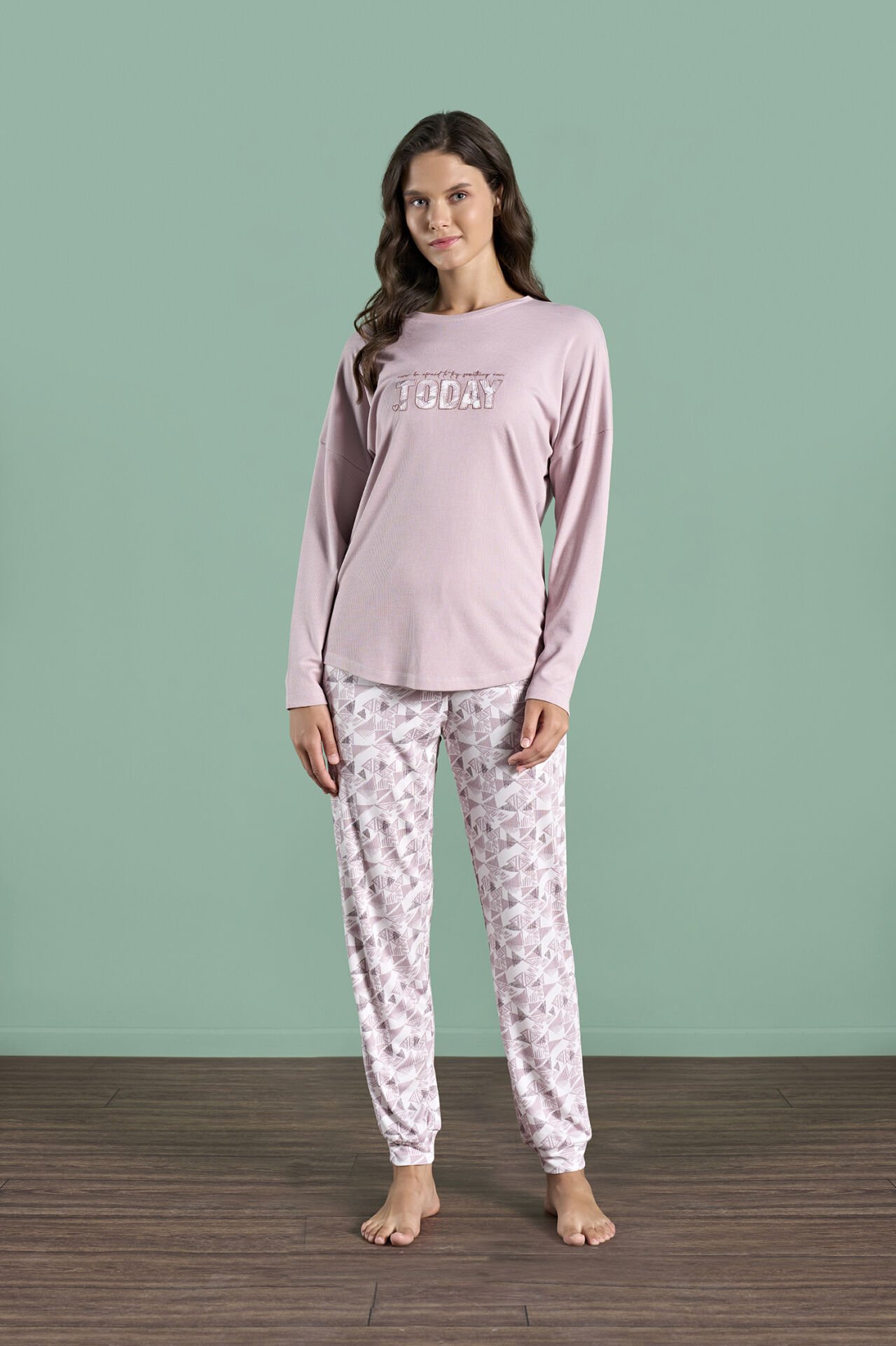 Pijadore 1985 (M-L-XL-XXL) Uzun Kollu Bayan Pijama Takım 4'lü GÜL KURUSU - M-L-XL-XXL