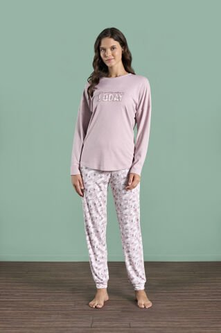 Pijadore 1985 (M-L-XL-XXL) Uzun Kollu Bayan Pijama Takım 4'lü GÜL KURUSU - M-L-XL-XXL