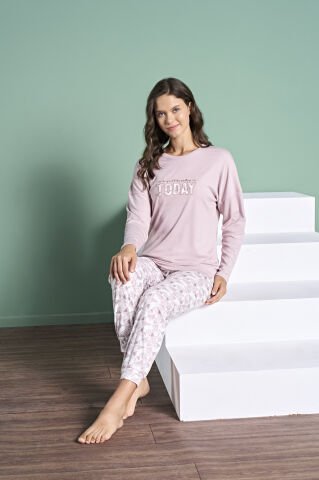 Pijadore 1985 (M-L-XL-XXL) Uzun Kollu Bayan Pijama Takım 4'lü GÜL KURUSU - M-L-XL-XXL